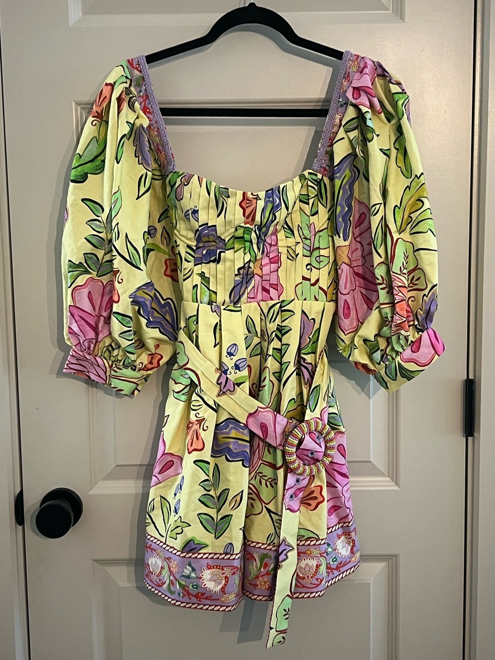 FARM Rio Yellow Floral Insects Puff Sleeve Belted Mini Dress Size S NWT - Picture 4 of 11